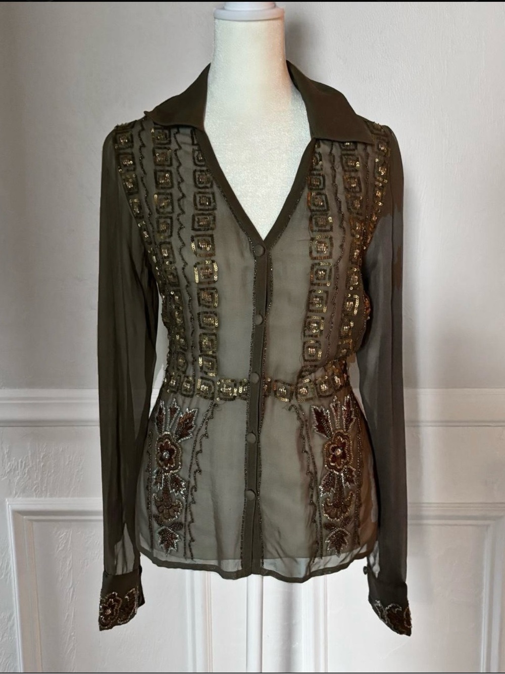 Vintage Olive Sheer Embellished Button-Front Blouse